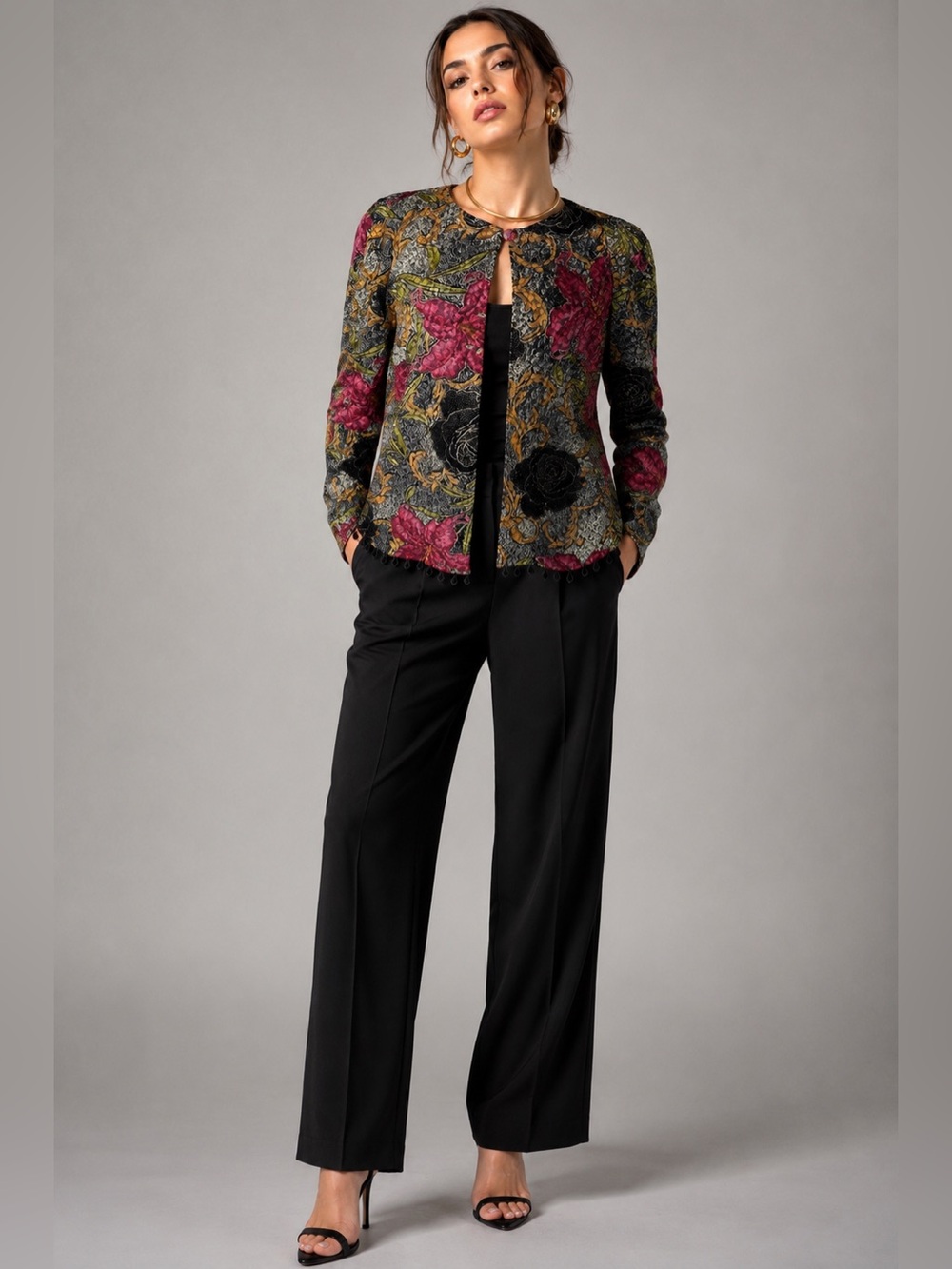 Dressbarn Floral Tapestry Jacket Medium – Beaded Hem Boho Cardigan